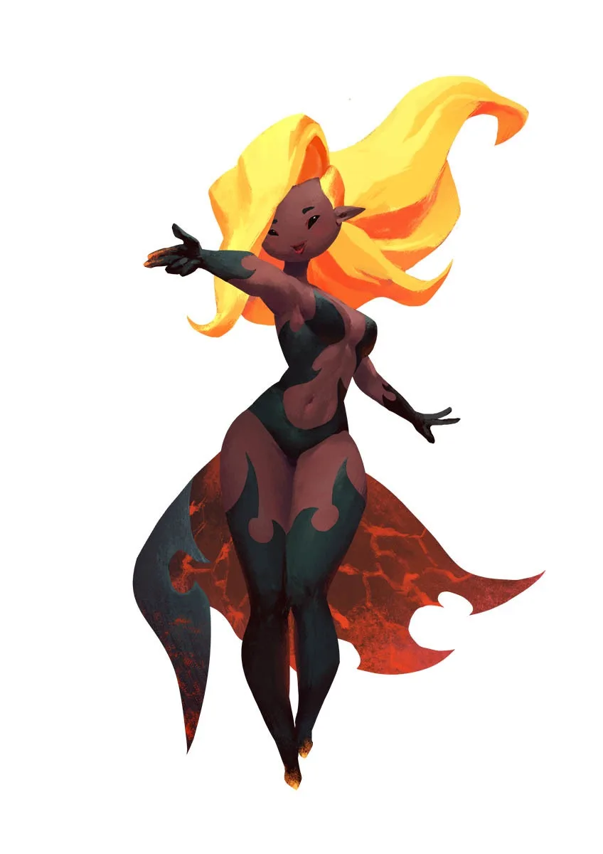 A stylized illustration of a dark-skinned female character with long, flowing yellow-orange hair and pointed ears, wearing a…