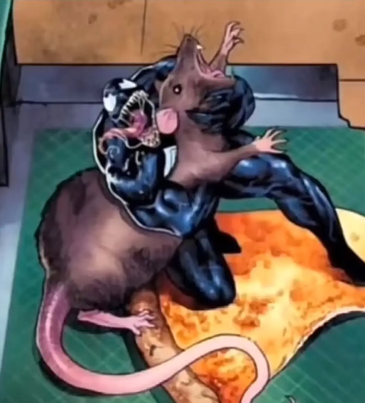 A cartoonish, muscular rat wearing a black symbiote suit resembling Venom is shown in a dynamic, aggressive pose atop a…
