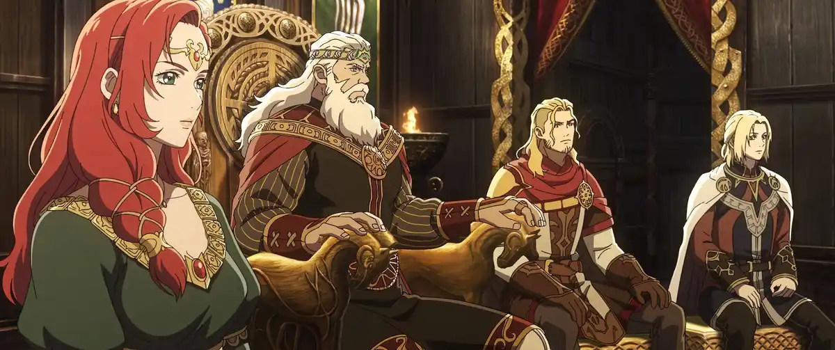 An anime scene shows a regal king with a white beard sitting on a throne, petting a golden horse statue. To his left is a…