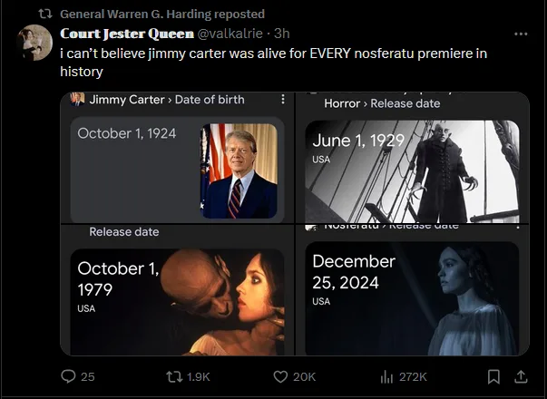 A four-panel grid resembling a social media post shows Jimmy Carter's birth date (October 1, 1924) next to the release dates…