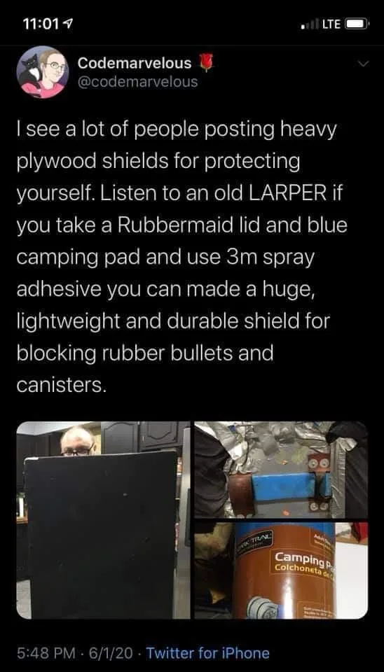 A tweet screenshot shows a user named Codemarvelous suggesting a DIY shield made from a Rubbermaid lid, blue camping pad…