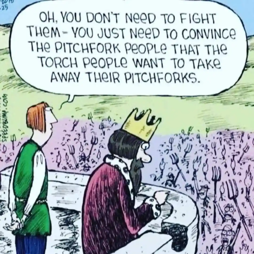 A cartoon depicts a king in a crown seated on a throne, speaking to a man in a green tunic. Behind them, a crowd of figures…