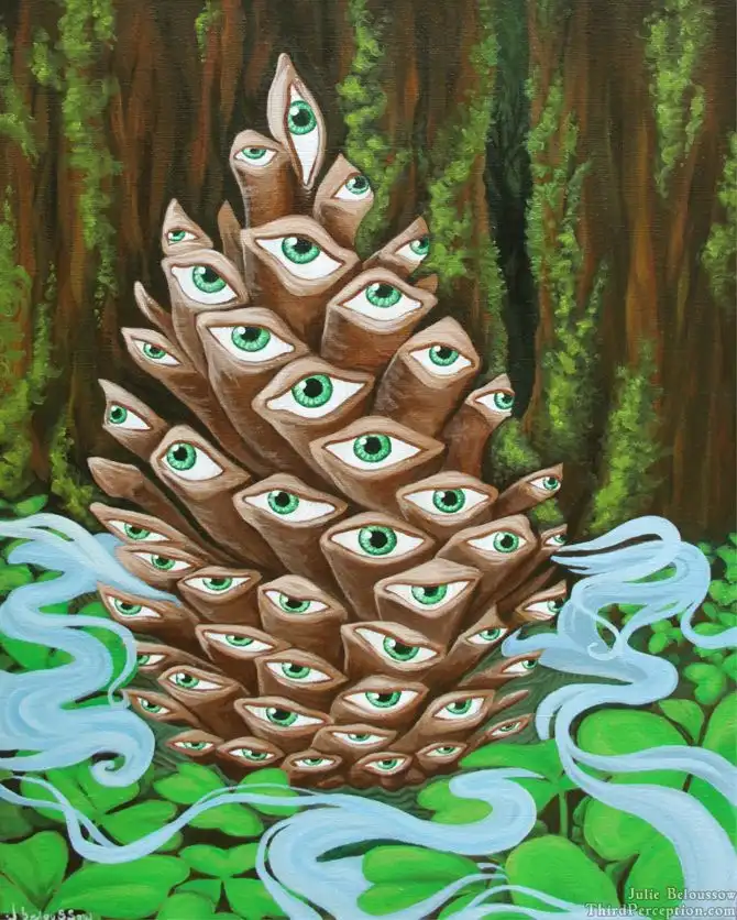 A surreal painting depicts a pinecone covered in dozens of green-eyed faces, set against a forest backdrop with swirling…