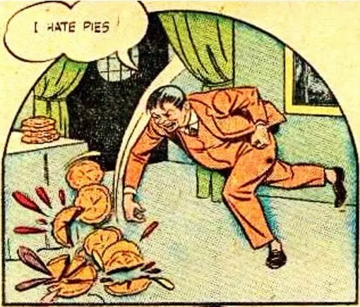A man in an orange suit is shown in a comic panel, running away from a pile of broken pies on the floor, with a speech…