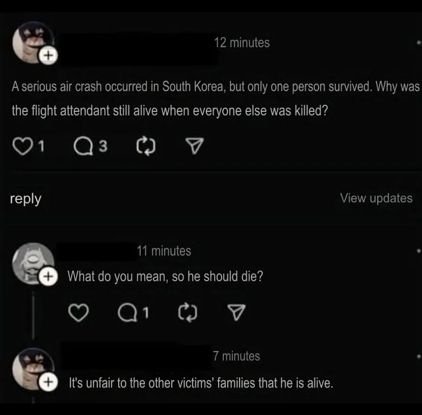 A screenshot of a dark-themed social media comment thread shows a user asking why a flight attendant survived a crash while…