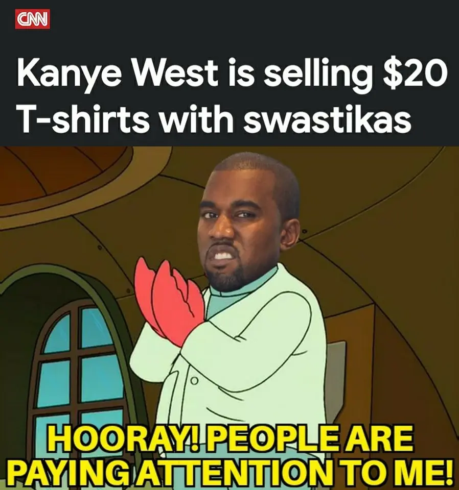 The image features a cartoon depiction of Kanye West, styled after the animated show 'The Simpsons,' with his hands clasped…