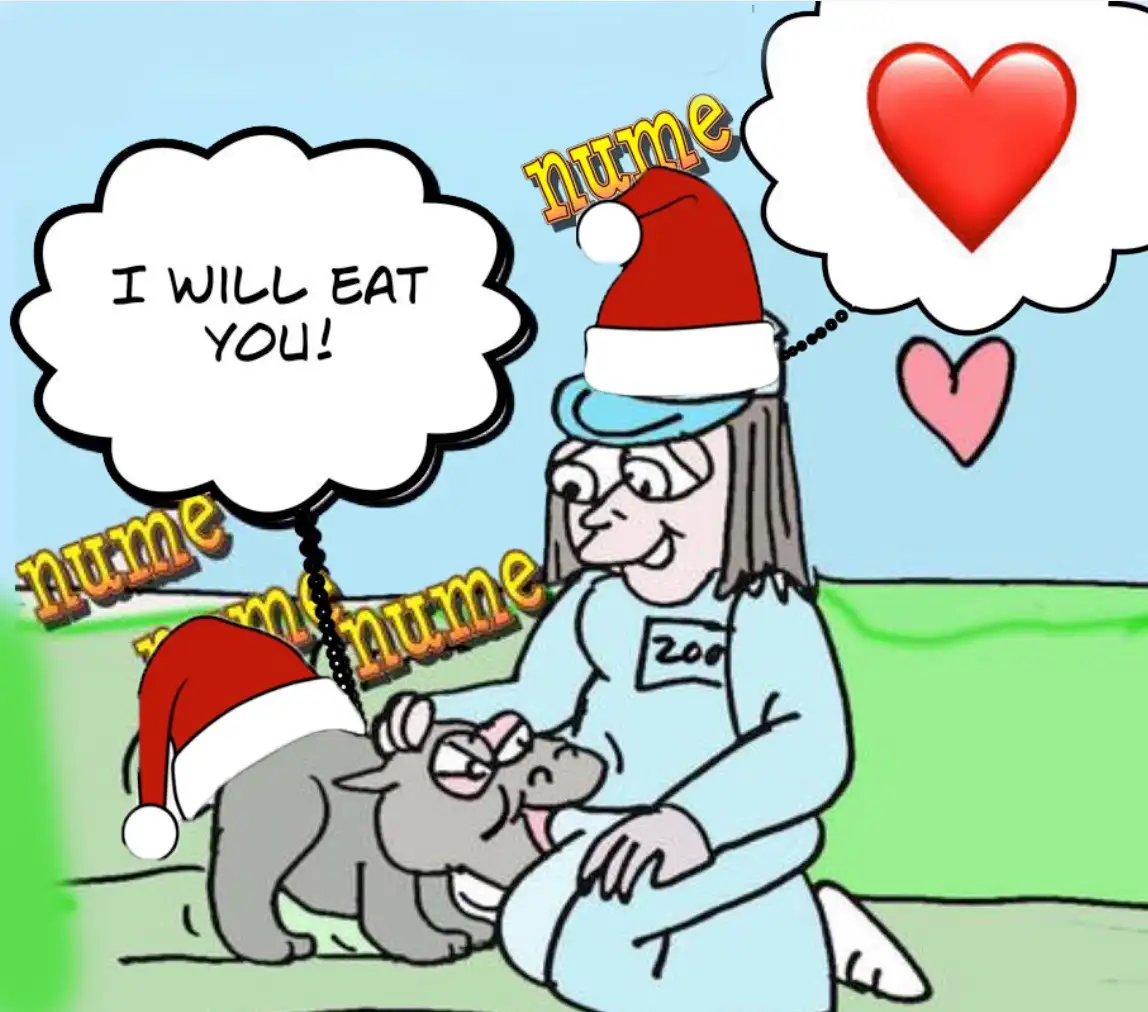 A cartoon zookeeper in a Santa hat and blue uniform kneels beside a small, angry-looking animal also wearing a Santa hat…