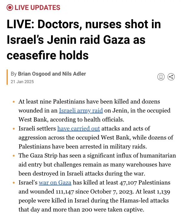 A screenshot of a news article with a headline reading 'LIVE: Doctors, nurses shot in Israel's Jenin raid Gaza as ceasefire…