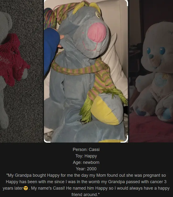 A collage of three photos showing stuffed animals: a grey plush toy with a pink nose and striped scarf being held, a grey…