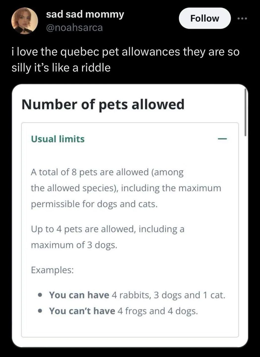 A screenshot of a Quebec pet allowance policy showing 'Number of pets allowed' with 'Usual limits' stating 8 total pets, up…