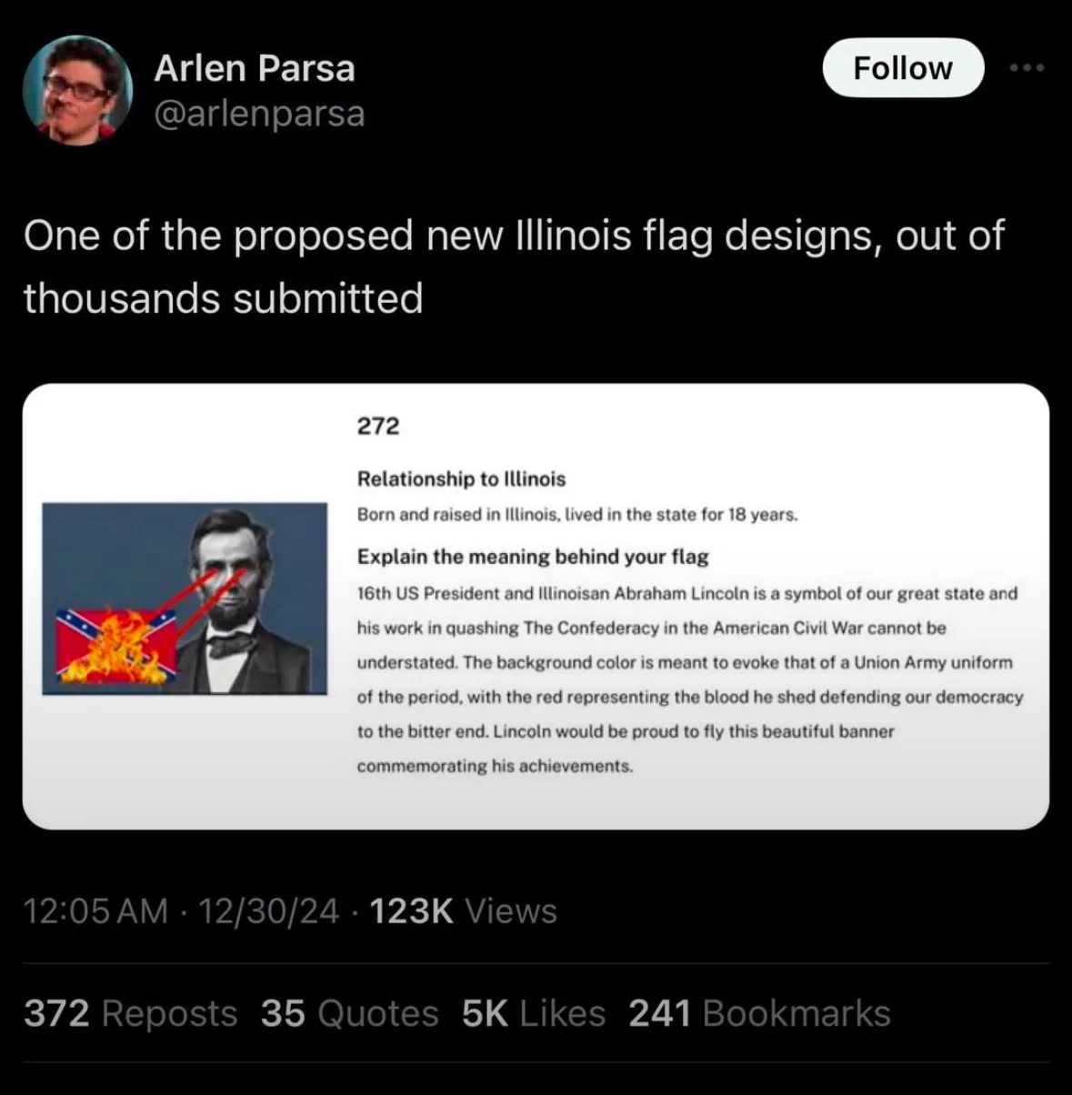 A screenshot of a social media post showing a proposed Illinois flag design, which features a portrait of Abraham Lincoln…