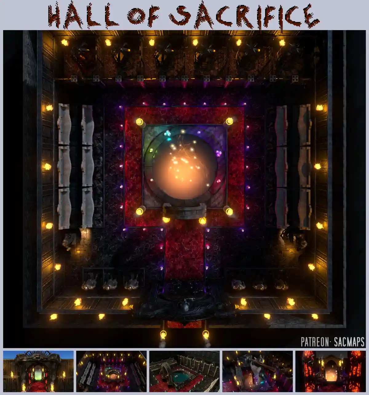 An overhead view of a dark, ornate, and ominous room labeled 'HALL OF SACRIFICE' with a glowing central orb surrounded by…