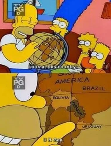 The top panel shows Homer Simpson pointing at a globe while his family watches, with text reading 'Look at this country.'…