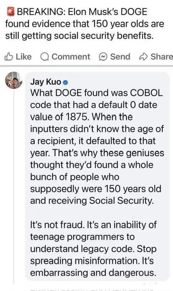 A screenshot of a Facebook post with a breaking news headline about 'Elon Musk's DOGE' finding 150-year-old Social Security…