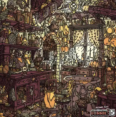 A densely packed, cartoon-style illustration of a cluttered, magical workshop filled with shelves of books, potions, jars…