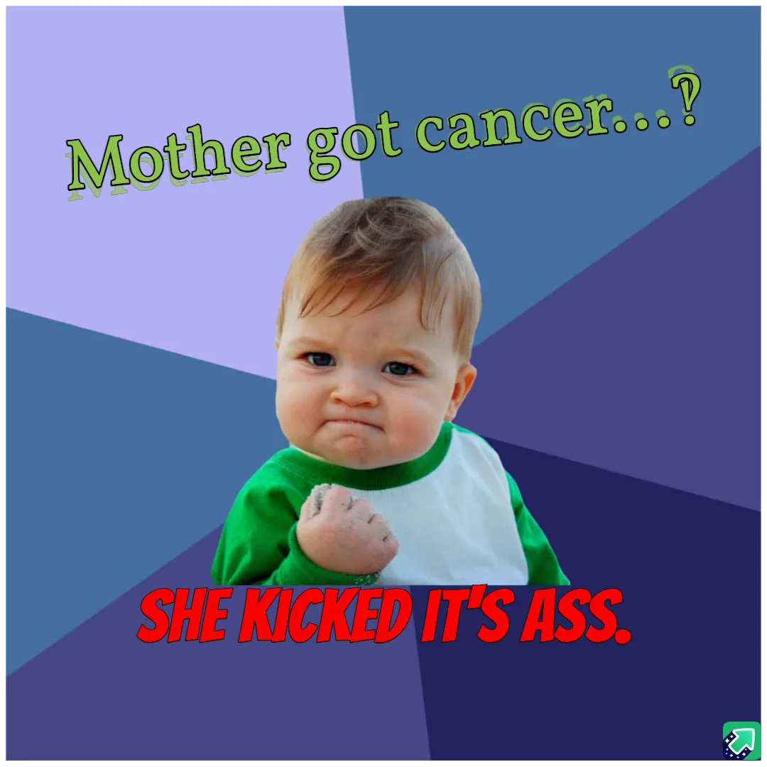 A baby with a determined, slightly angry expression, wearing a green and white shirt, is shown against a geometric purple…