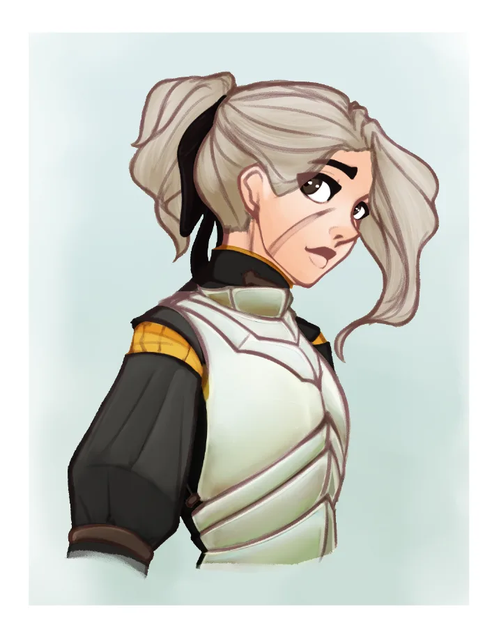 A digital illustration of a female character with silver hair in a high ponytail, wearing a white and black armored vest…