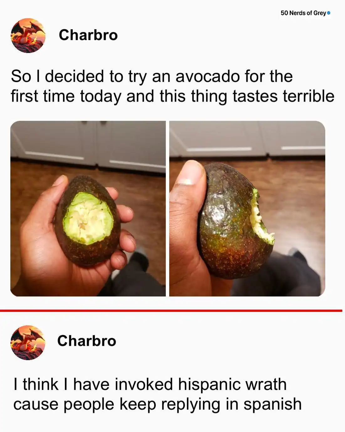 A two-panel image shows a person holding an avocado, first cut open to reveal the pit and flesh, then with a bite taken out…