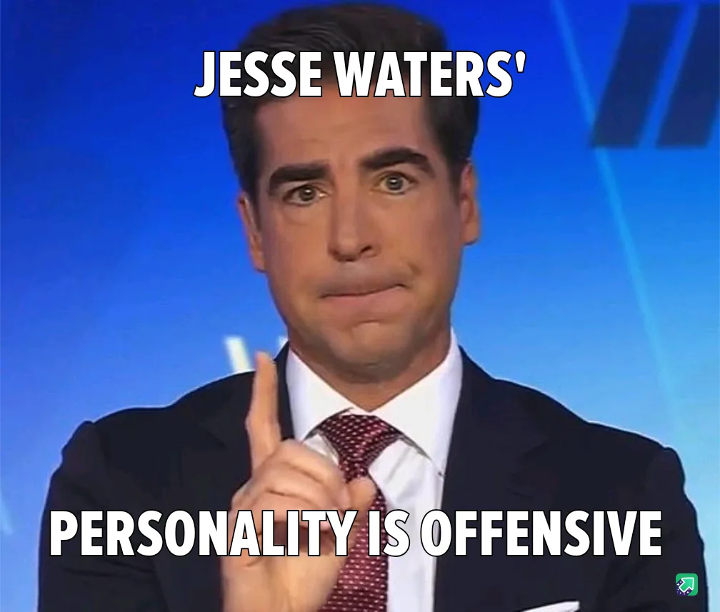 A man in a suit and tie with a serious, slightly disgusted facial expression, pointing his index finger upward. The text…
