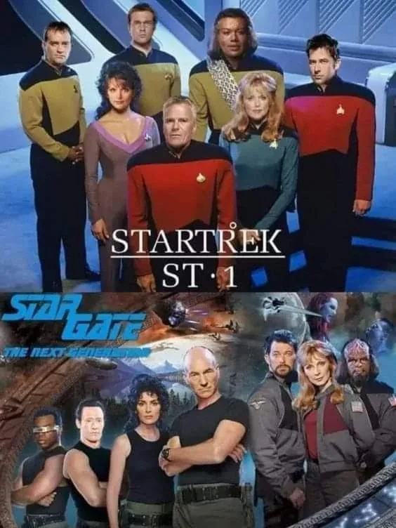 The image is a meme combining two sci-fi show posters. The top half shows the cast of Star Trek: The Next Generation in…