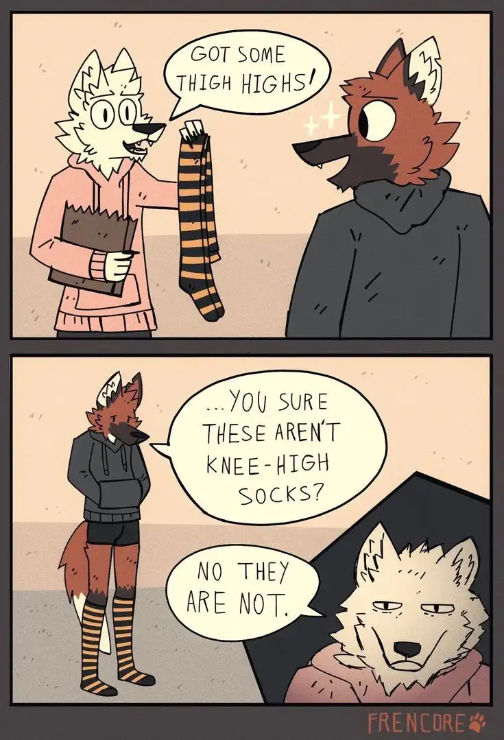 Two anthropomorphic wolves are shown in a two-panel comic. In the top panel, a white wolf in a pink hoodie excitedly holds…