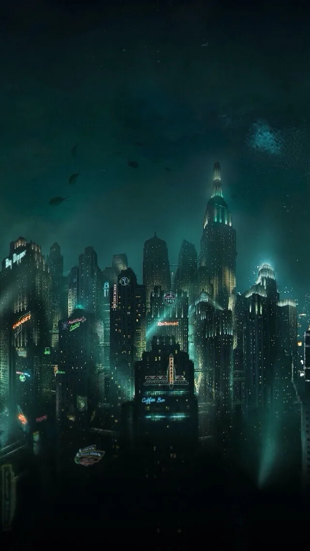 A dark, teal-hued cityscape at night with skyscrapers, glowing neon signs, and fish swimming in the sky above. The overlaid…