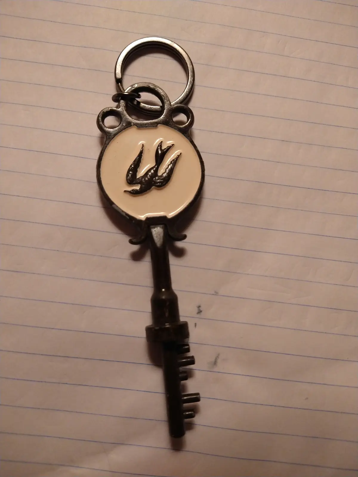 A vintage-style metal keychain with a circular white enamel face featuring a black stylized bird emblem, resting on lined…