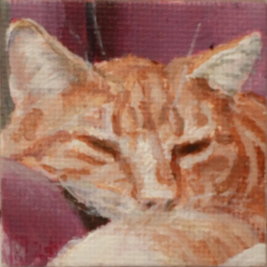 A painting of a ginger cat with closed eyes, appearing deeply asleep or resting peacefully against a purple background. The…