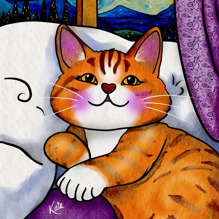 An orange tabby cat with a smug, sleepy expression lies on a purple paisley blanket, propped up on a white pillow. Behind…