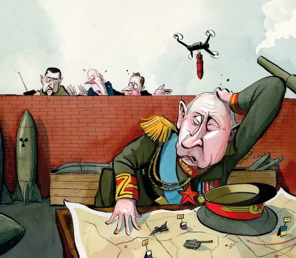 A cartoon depicts Vladimir Putin slumped over a war map, looking exhausted, while a drone with a nuclear warhead hovers…