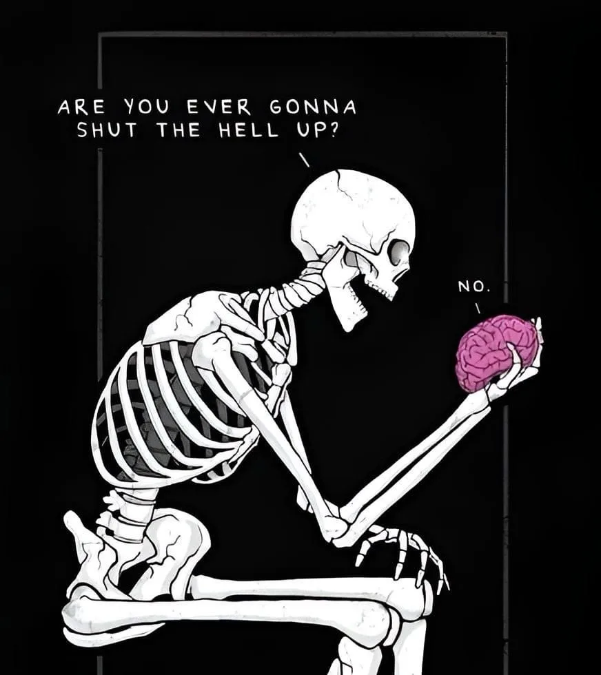 A cartoon skeleton kneels and holds a pink brain in one hand, looking at it with an annoyed expression. Above the skeleton…