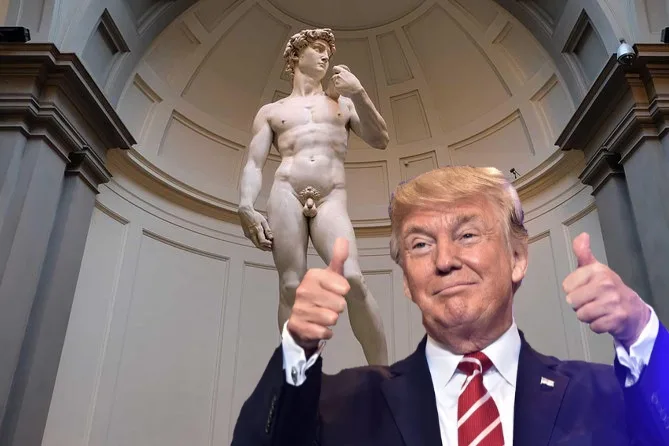 a digitally manipulated image shows former U.S. President Donald Trump in the foreground, giving two thumbs up, superimposed…