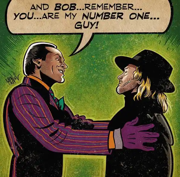 A comic-style illustration shows two men in a hug. The man on the left, wearing a purple pinstripe suit and bowtie, speaks…