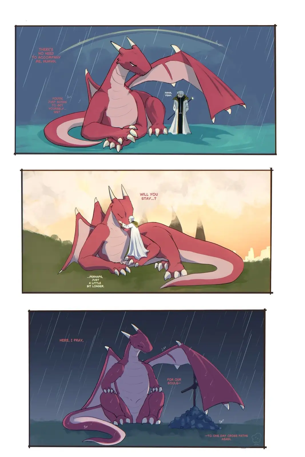 A three-panel comic strip shows a red dragon and a human in a white robe. In the first panel, the dragon dismisses the human…