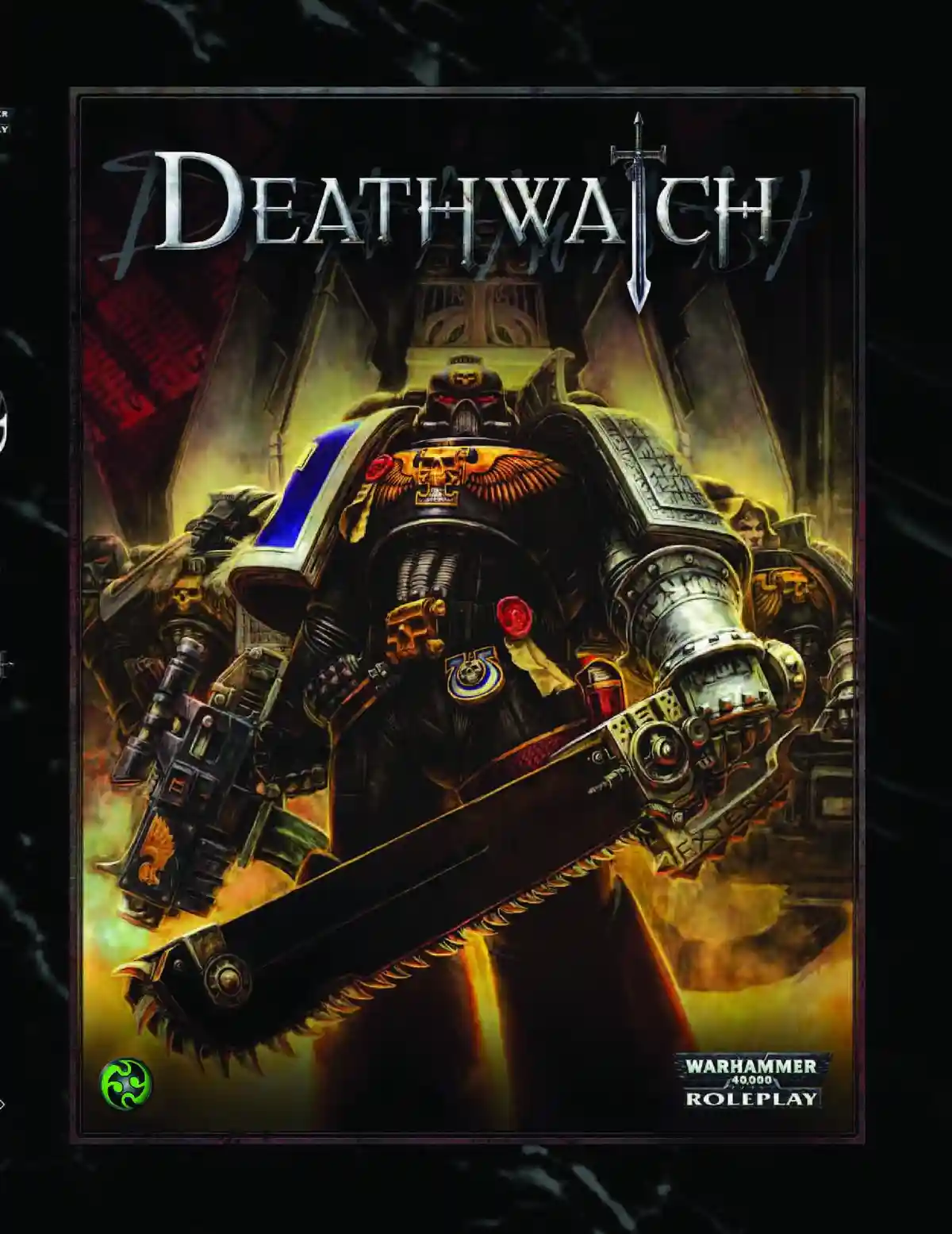 The image is a promotional cover for 'Warhammer 40,000: Deathwatch Roleplay', featuring a heavily armored Space Marine in…