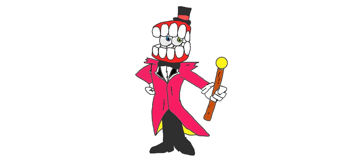 A cartoon drawing of a figure with a head made of teeth, wearing a red top hat, a pink tuxedo jacket, black pants, and white…