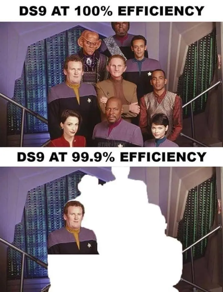The image is split into two panels. The top panel shows the full cast of Star Trek: Deep Space Nine posing together in front…