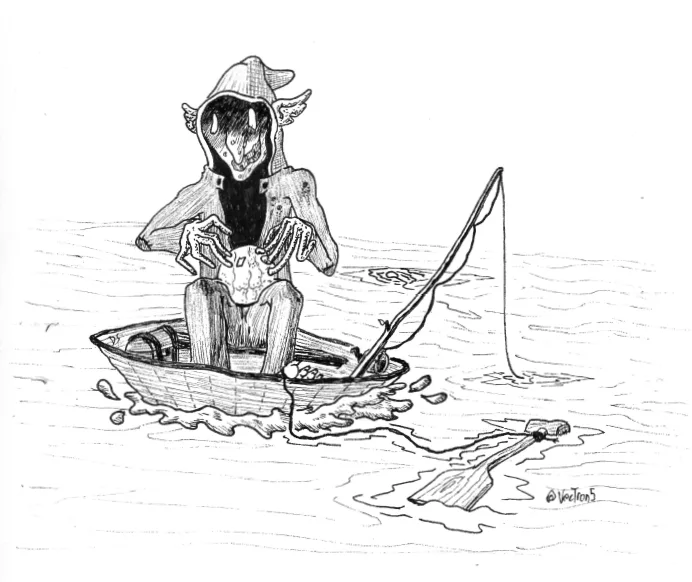 A black-and-white sketch shows a monstrous, winged creature with a hooded, skeletal face sitting in a small rowboat on…