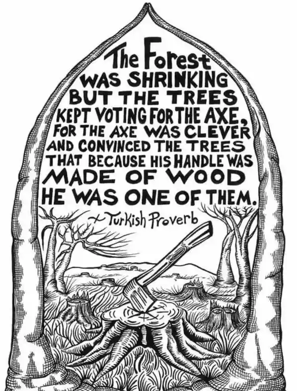 A black-and-white illustration of a tombstone with a forest scene below, showing stumps and an axe embedded in roots. The…
