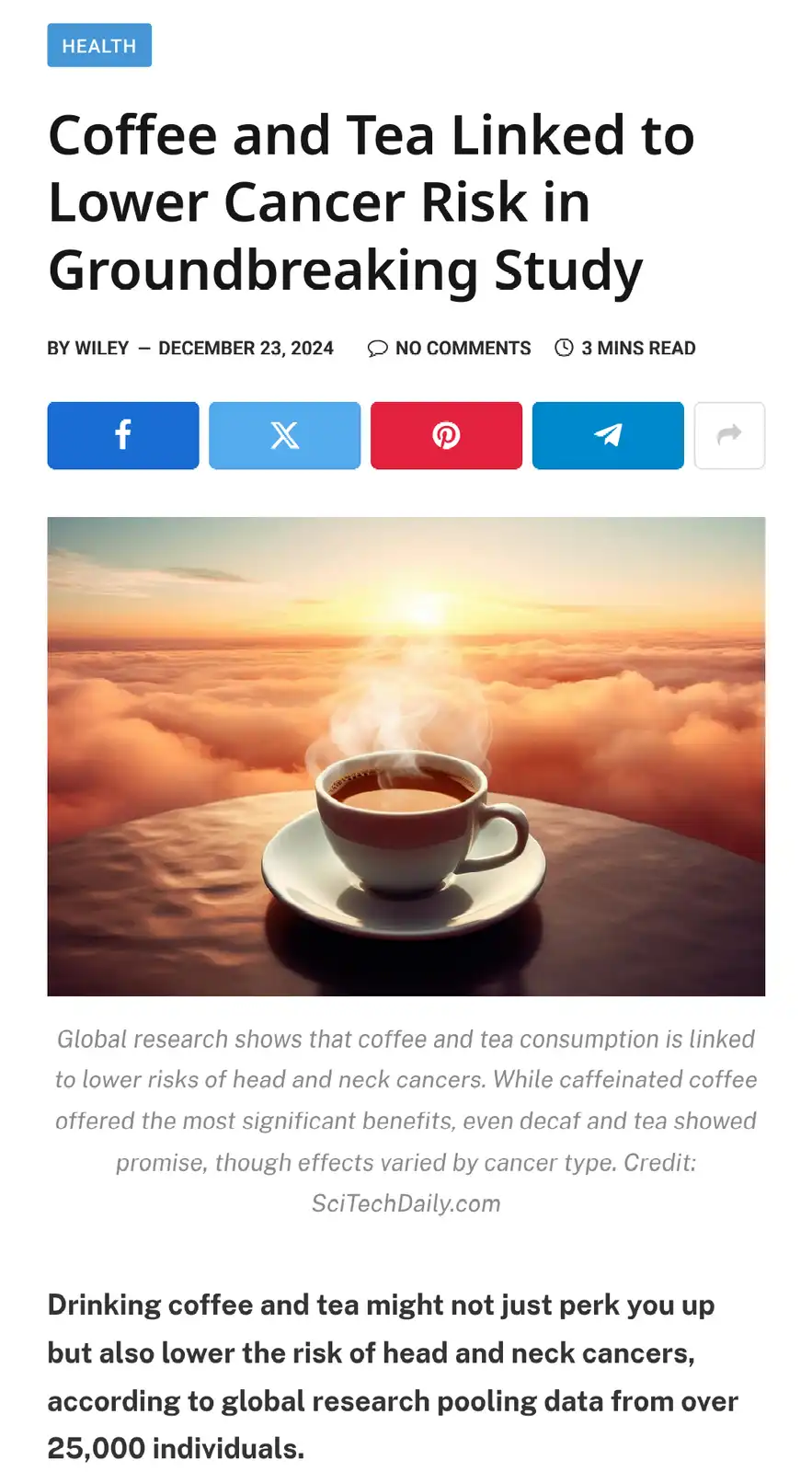 An image of a steaming cup of coffee on a table against a sunset over clouds, overlaid with a fake news article headline…