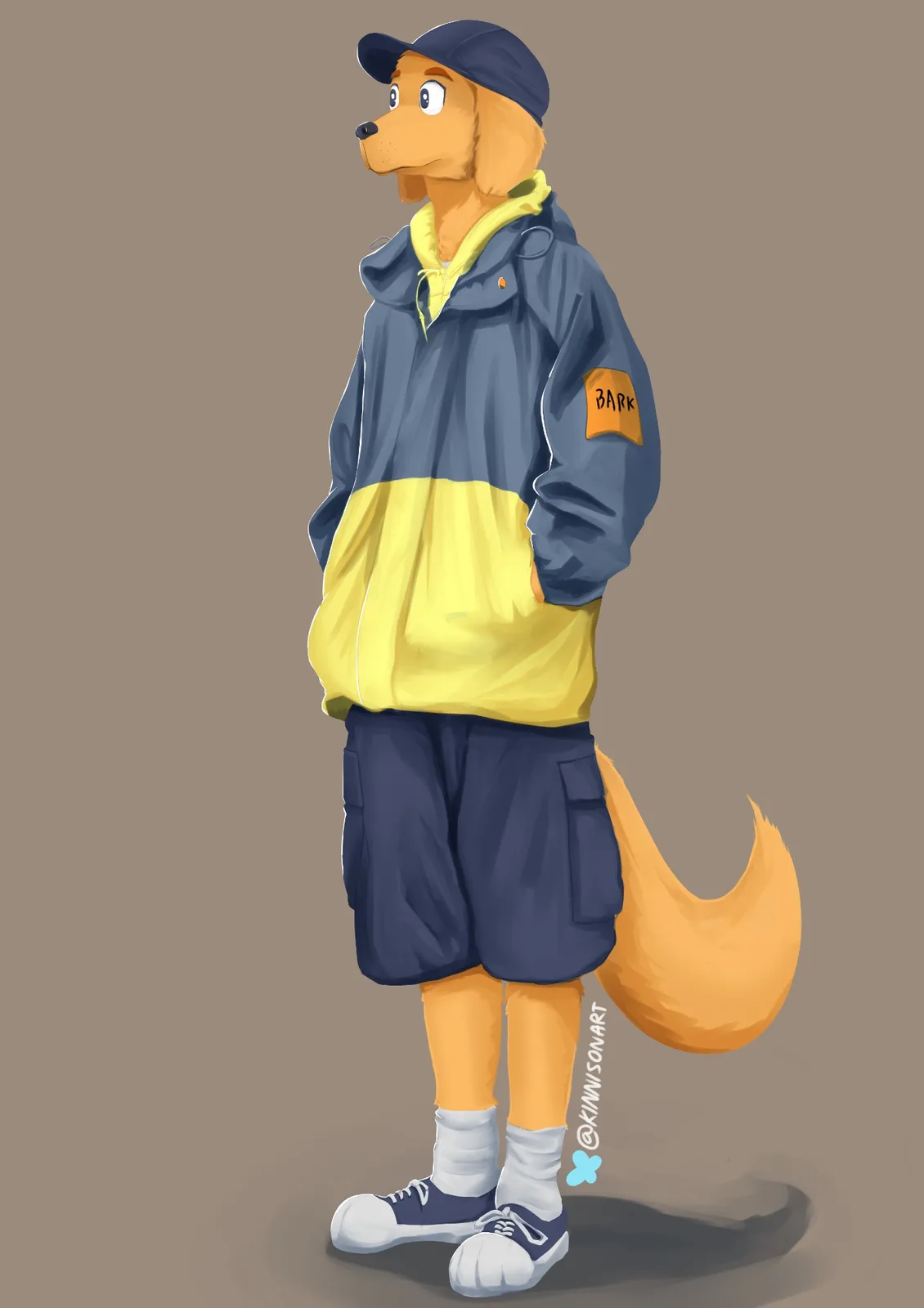 An anthropomorphic golden retriever stands in profile wearing a blue and yellow two-tone hooded jacket with a patch reading…