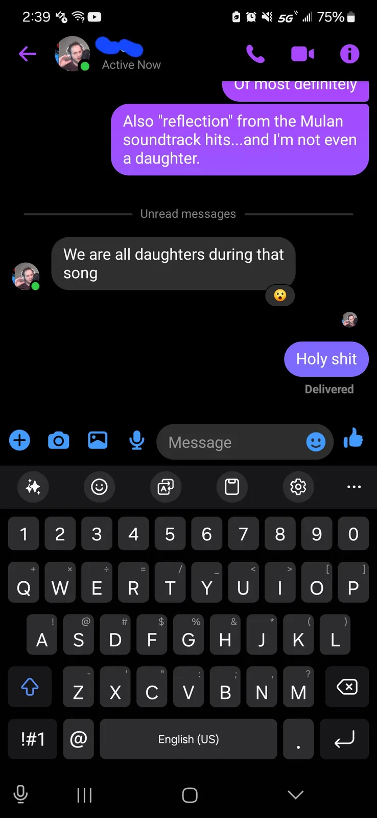 A screenshot of a dark-themed messaging app conversation shows a user sending a purple message bubble stating, "Also…
