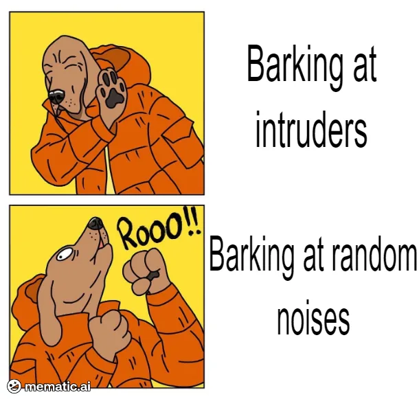 Two-panel cartoon of a brown dog in an orange hoodie. Top panel shows the dog looking smug while holding a paw to its mouth…