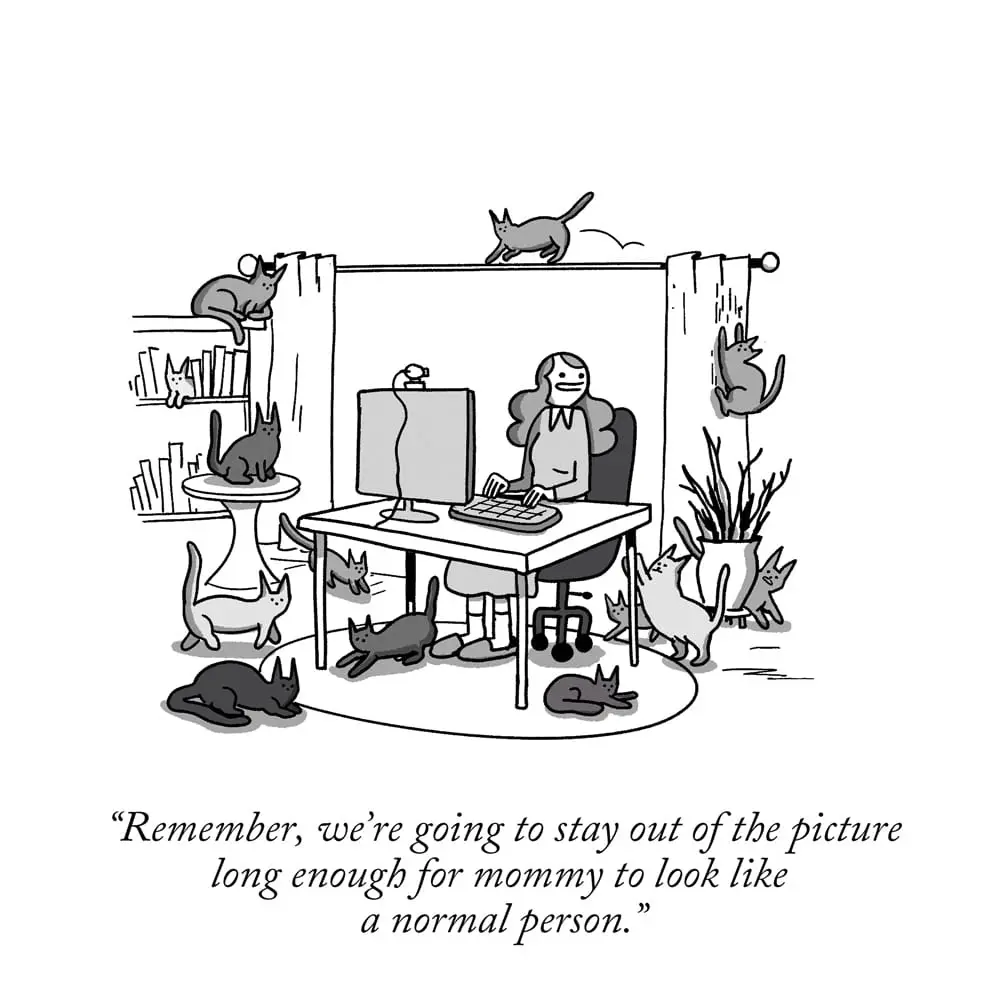 A black-and-white cartoon depicts a woman sitting at a desk typing on a keyboard, surrounded by numerous cats in various…