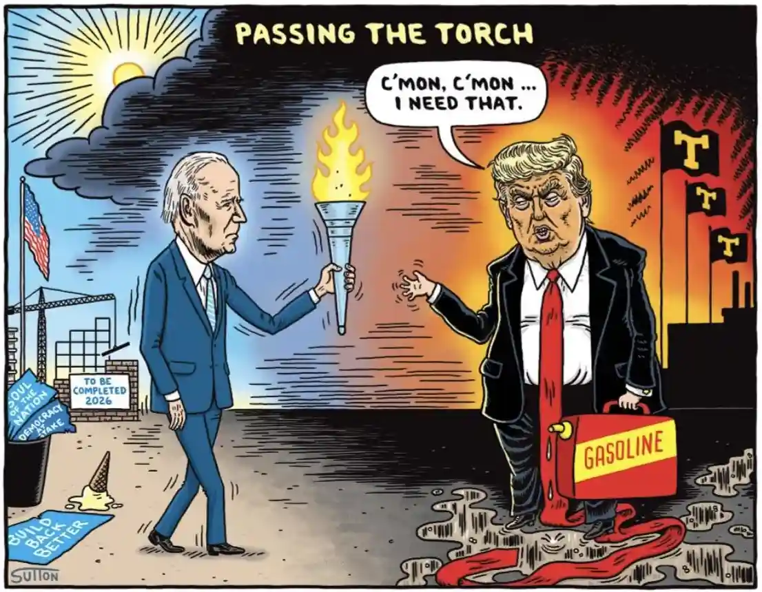A political cartoon depicts Joe Biden handing a lit torch to Donald Trump, who is holding a gasoline can and reaching for…