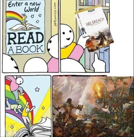 A four-panel comic strip shows a white, round-headed character holding a book titled 'HELsREACH' with a violent, war-torn…