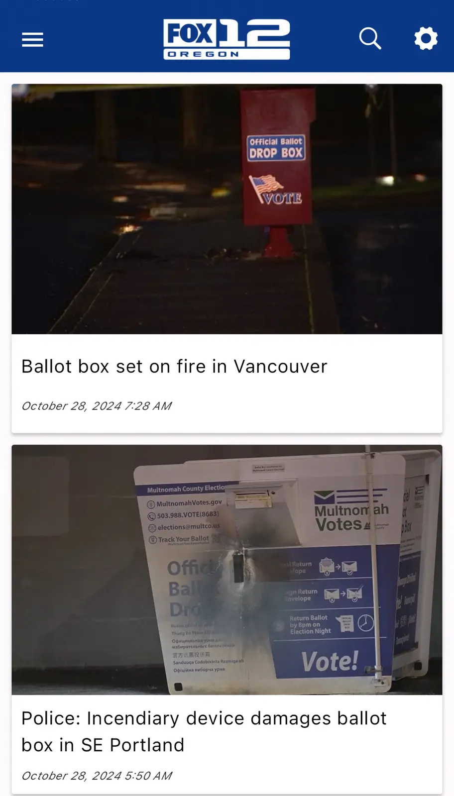 Two news headlines from Fox 12 Oregon show damaged ballot boxes: one red box labeled 'Official Ballot Drop Box' with an…
