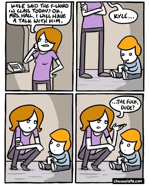 A four-panel comic strip shows a teacher calling another teacher to report a student named Kyle used a swear word. The…