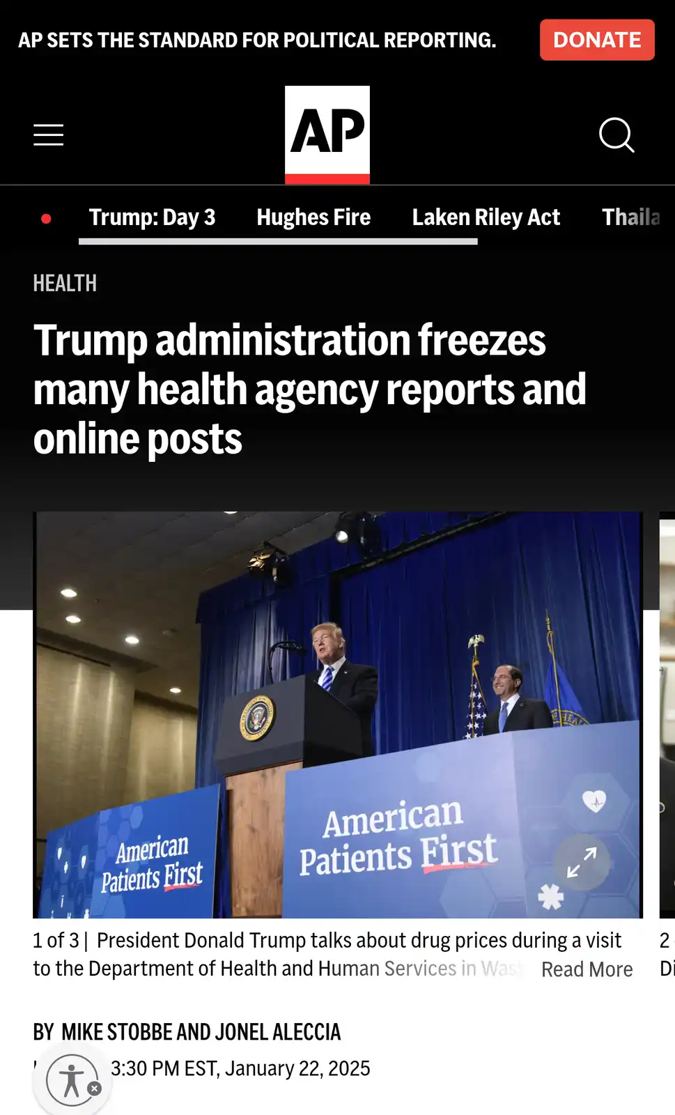 A screenshot of an Associated Press news article from January 22, 2025, featuring a photo of Donald Trump speaking at a…