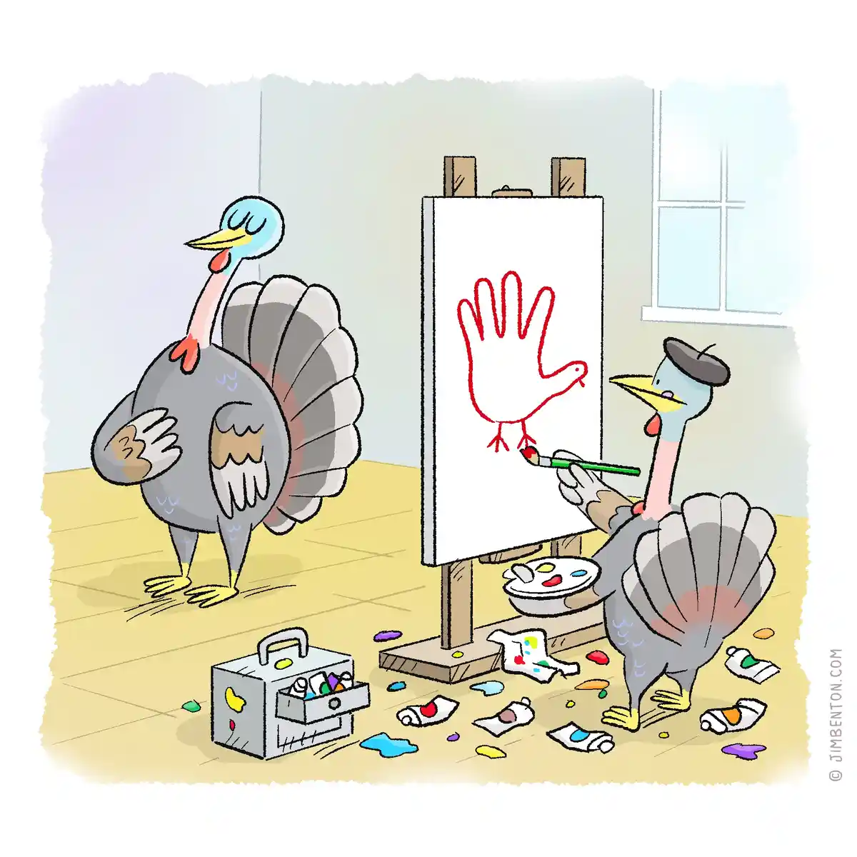 Two cartoon turkeys are in an art studio; one wears a beret and paints a red handprint on a canvas that resembles a turkey…